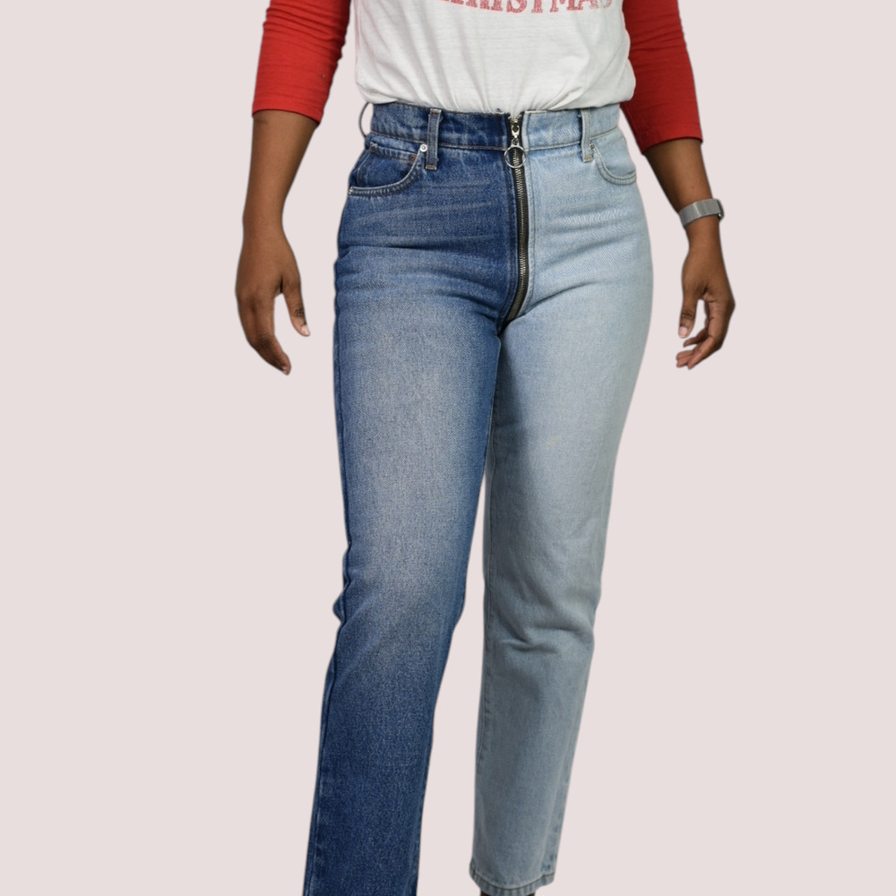 Revice Ying Yang Crop Jean Blue Two Tone Denim Straight Zipper Fly High Waist 27